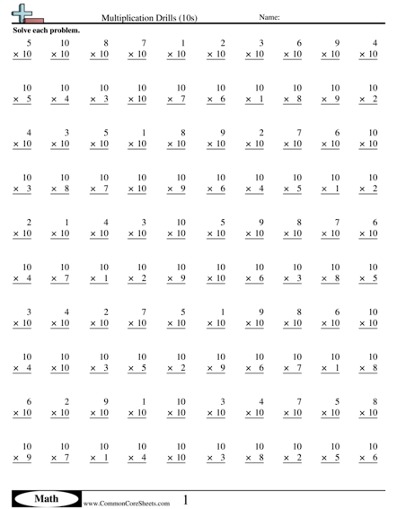 10s Worksheet - Multiplication Drills (10s)  worksheet
